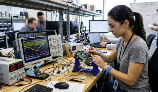 Engineer at workstation with PCB and test equipment